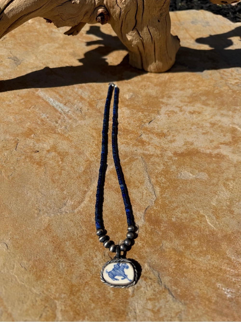 Hand-Strung Blue Lapis Pendant Necklace with Ceramic Horse - Picture 4 of 6
